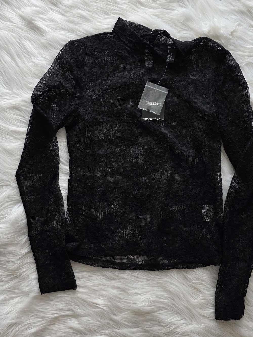 Forever 21 Black Sheer Lace Mock Neck Long Sleeve Top
